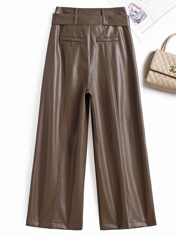 High Waist Wide Leg Pants Women's Real Leather Fleece Lined Casual Straight Leg Trousers Winter Fashion Commute Style