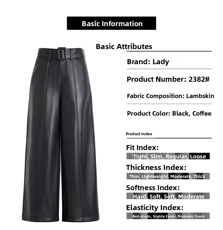 High Waist Wide Leg Pants Women's Real Leather Fleece Lined Casual Straight Leg Trousers Winter Fashion Commute Style