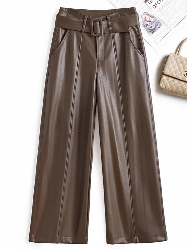High Waist Wide Leg Pants Women's Real Leather Fleece Lined Casual Straight Leg Trousers Winter Fashion Commute Style