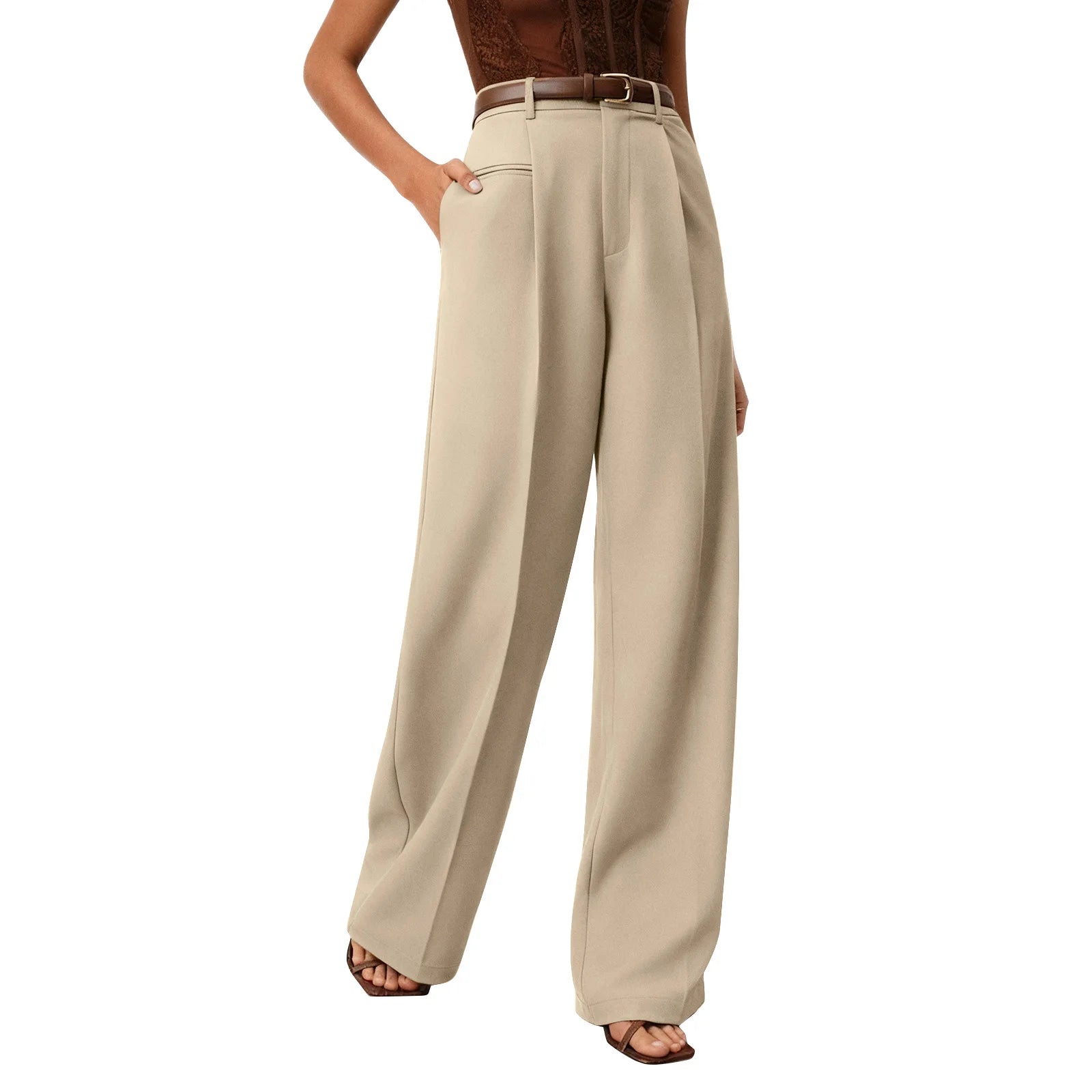 Wide-leg trousers with a flowing drape Women's high-waisted pleated casual trousers Sleek versatile trousers for commuting