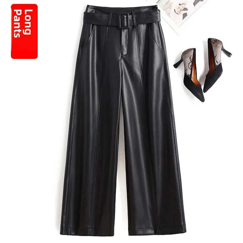 High Waist Wide Leg Pants Women's Real Leather Fleece Lined Casual Straight Leg Trousers Winter Fashion Commute Style