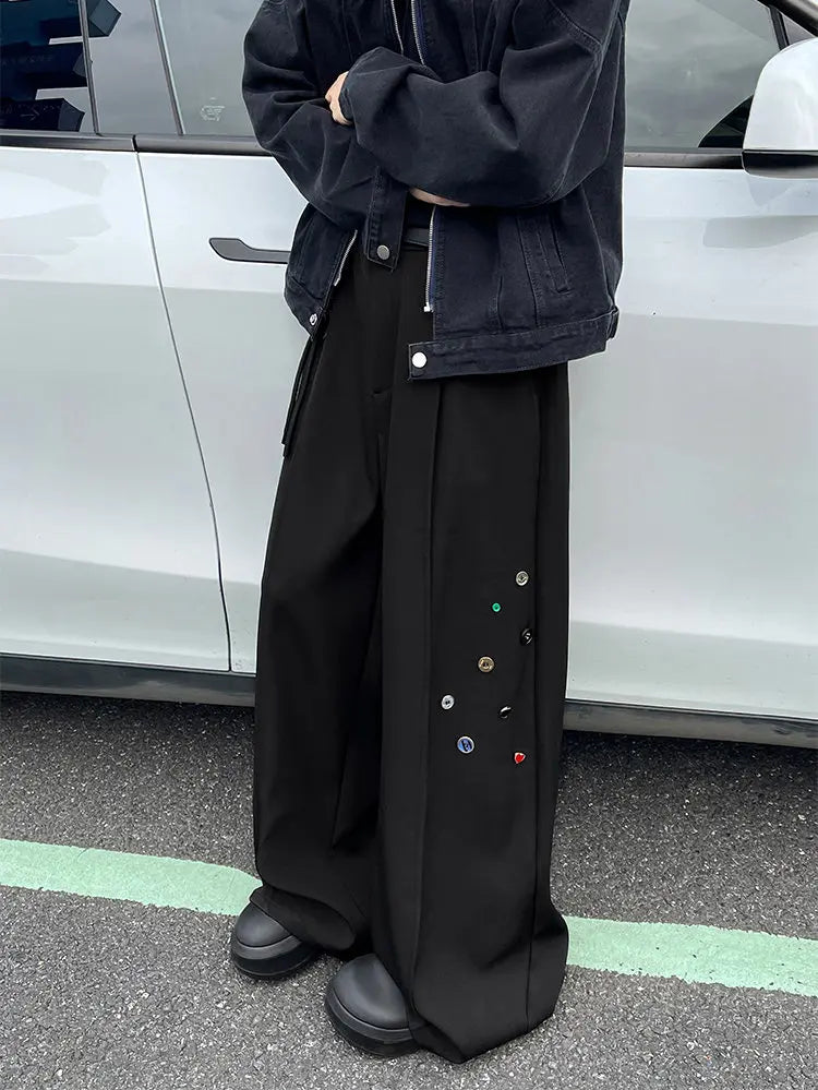 Wide Leg Trousers with Button Detail Vertical Cool Drag Baggy Pants Monochrome Hip Hop Streetwear American Style Plus XXXXXL