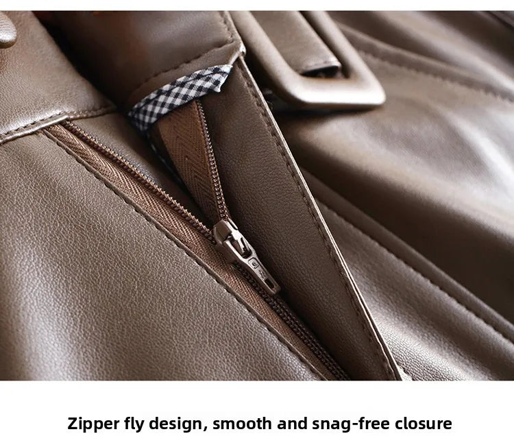 High Waist Wide Leg Pants Women's Real Leather Fleece Lined Casual Straight Leg Trousers Winter Fashion Commute Style