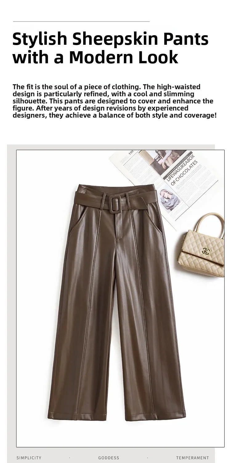 High Waist Wide Leg Pants Women's Real Leather Fleece Lined Casual Straight Leg Trousers Winter Fashion Commute Style