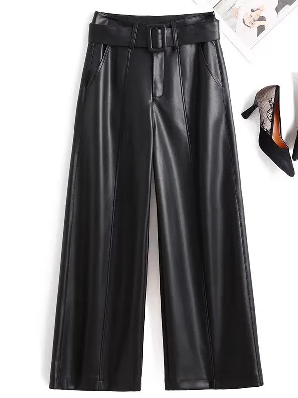 High Waist Wide Leg Pants Women's Real Leather Fleece Lined Casual Straight Leg Trousers Winter Fashion Commute Style