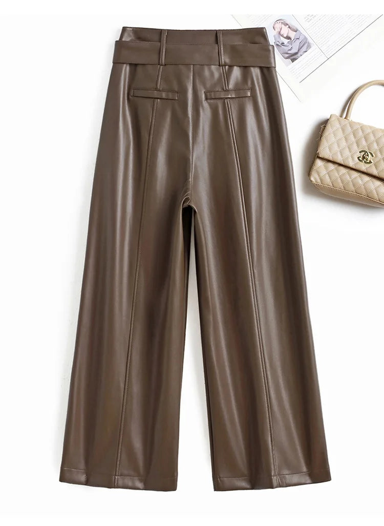 High Waist Wide Leg Pants Women's Real Leather Fleece Lined Casual Straight Leg Trousers Winter Fashion Commute Style