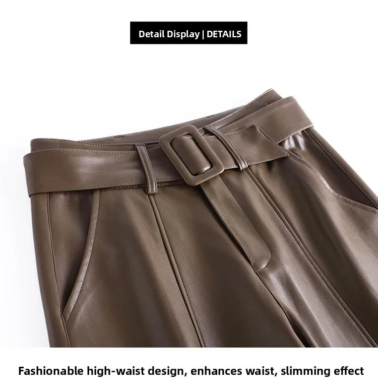 High Waist Wide Leg Pants Women's Real Leather Fleece Lined Casual Straight Leg Trousers Winter Fashion Commute Style