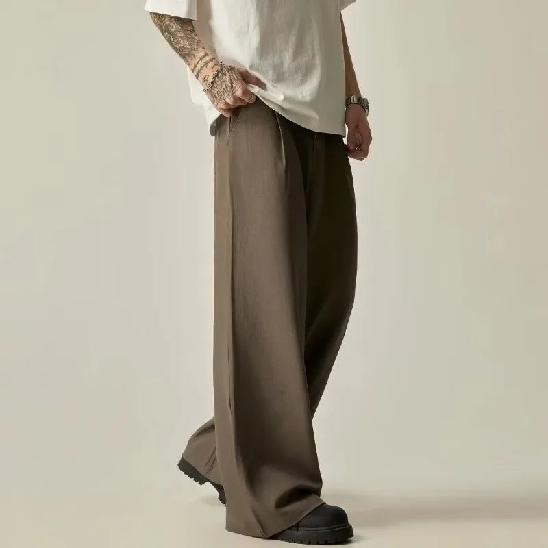 Men's Wide Leg Pleated Trousers Casual Loose Fit Drapey Suit Pants Streetwear Baggy Trousers
