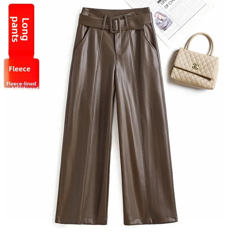 High Waist Wide Leg Pants Women's Real Leather Fleece Lined Casual Straight Leg Trousers Winter Fashion Commute Style
