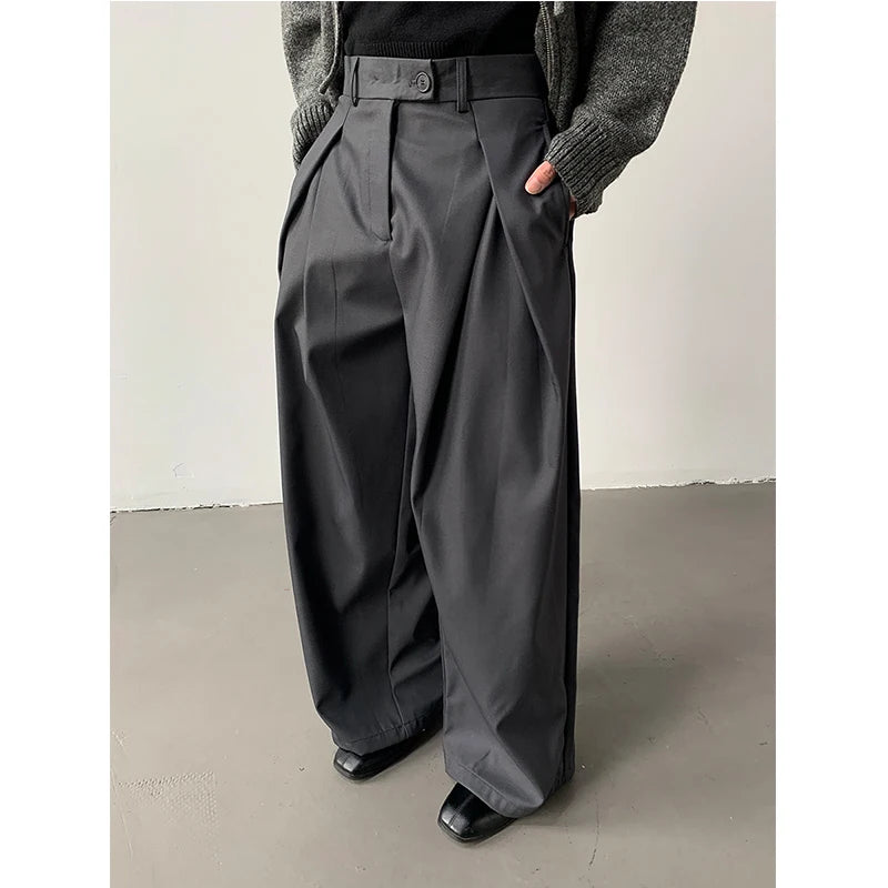 Loose A-Line Wide Leg Casual Trousers Design Sense Oversize Pleated Floor-Length West Pants Personality Men Women