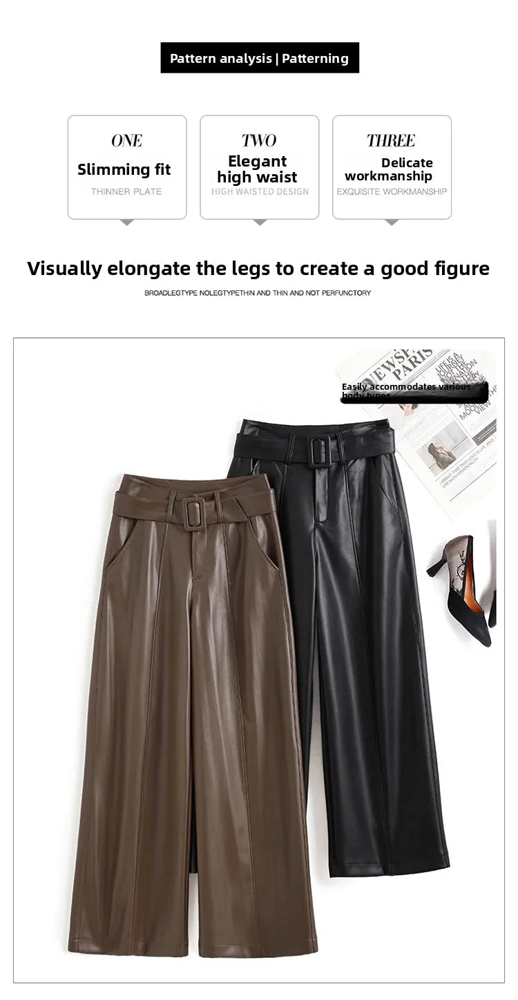 High Waist Wide Leg Pants Women's Real Leather Fleece Lined Casual Straight Leg Trousers Winter Fashion Commute Style