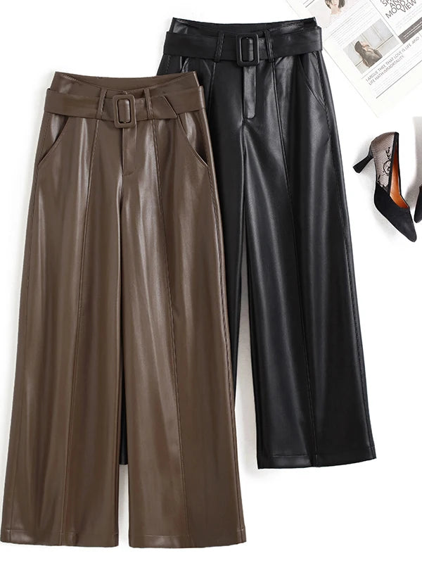 High Waist Wide Leg Pants Women's Real Leather Fleece Lined Casual Straight Leg Trousers Winter Fashion Commute Style