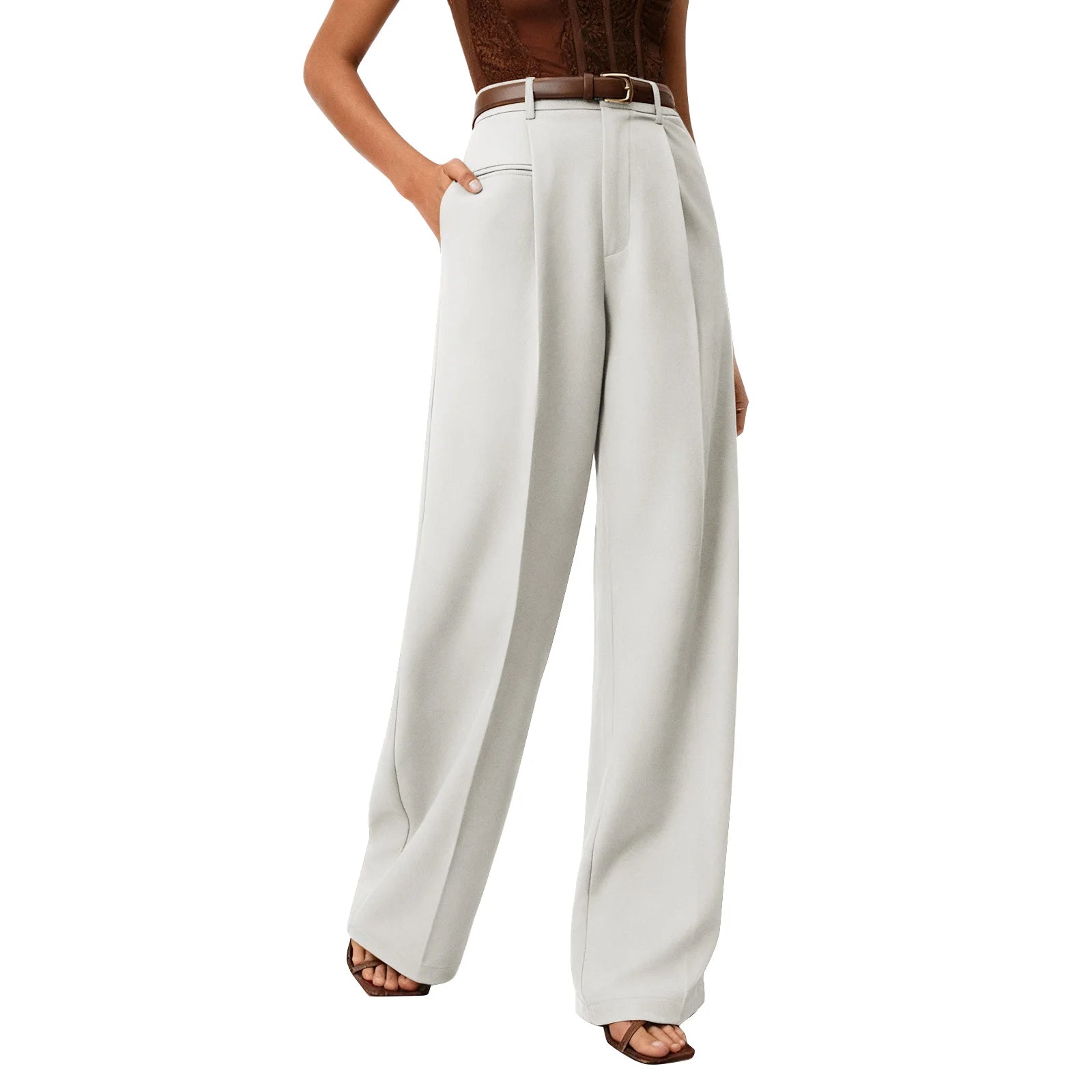 Wide-leg trousers with a flowing drape Women's high-waisted pleated casual trousers Sleek versatile trousers for commuting