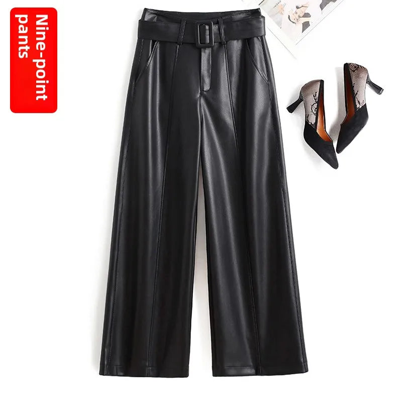 High Waist Wide Leg Pants Women's Real Leather Fleece Lined Casual Straight Leg Trousers Winter Fashion Commute Style