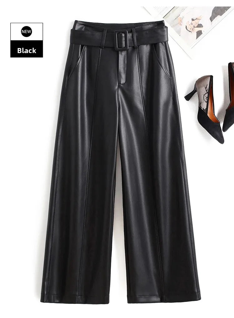 High Waist Wide Leg Pants Women's Real Leather Fleece Lined Casual Straight Leg Trousers Winter Fashion Commute Style