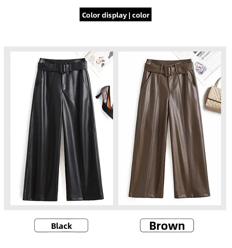 High Waist Wide Leg Pants Women's Real Leather Fleece Lined Casual Straight Leg Trousers Winter Fashion Commute Style
