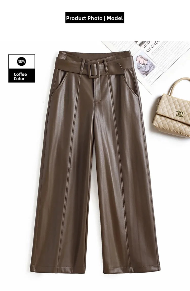 High Waist Wide Leg Pants Women's Real Leather Fleece Lined Casual Straight Leg Trousers Winter Fashion Commute Style