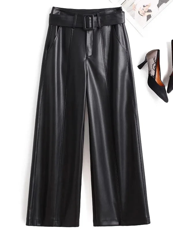 High Waist Wide Leg Pants Women's Real Leather Fleece Lined Casual Straight Leg Trousers Winter Fashion Commute Style