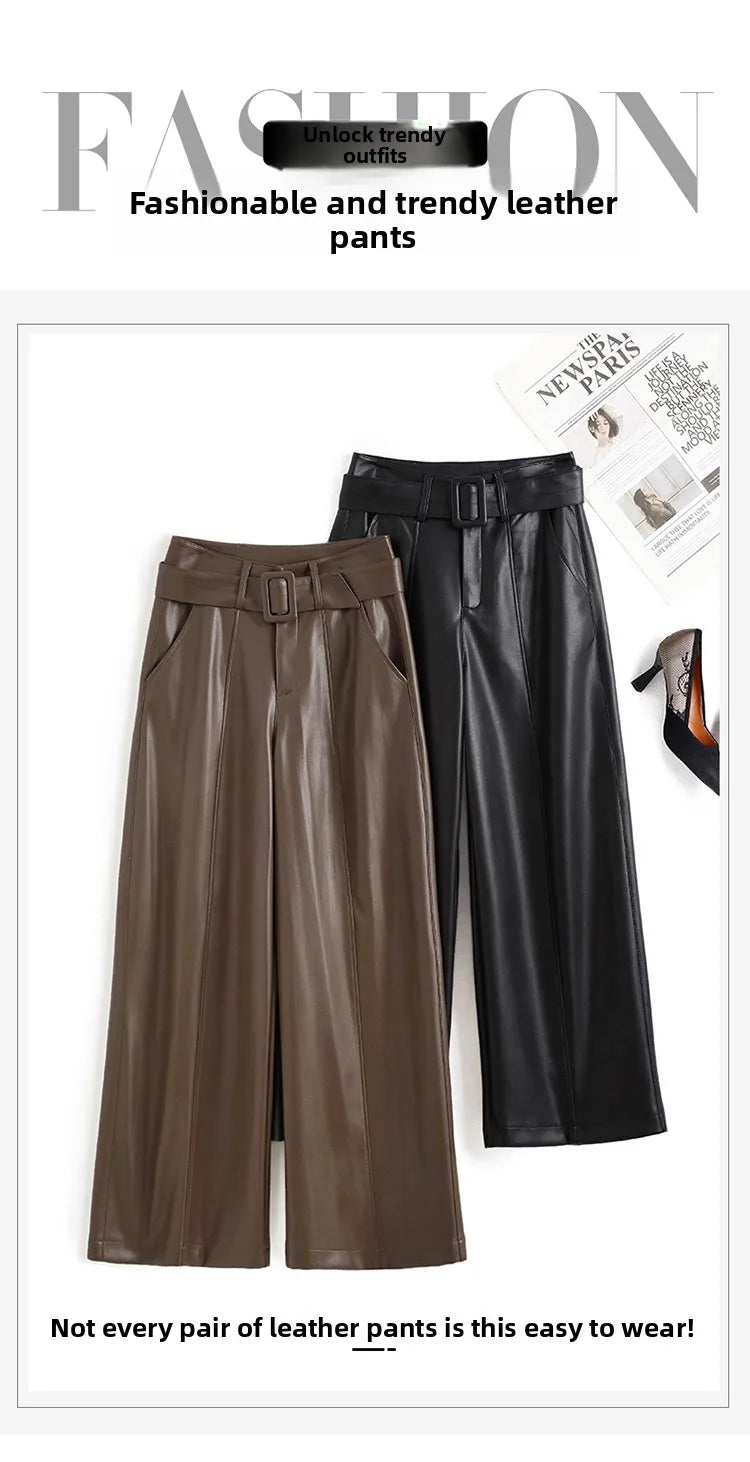 High Waist Wide Leg Pants Women's Real Leather Fleece Lined Casual Straight Leg Trousers Winter Fashion Commute Style