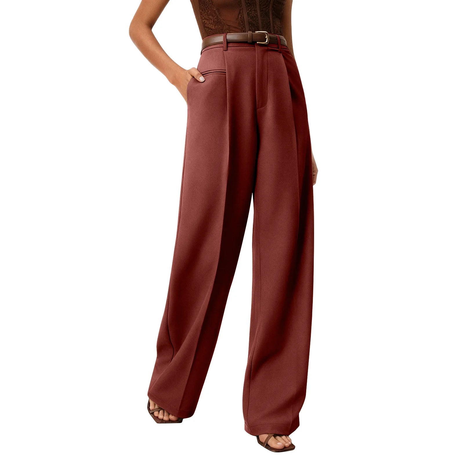 Wide-leg trousers with a flowing drape Women's high-waisted pleated casual trousers Sleek versatile trousers for commuting