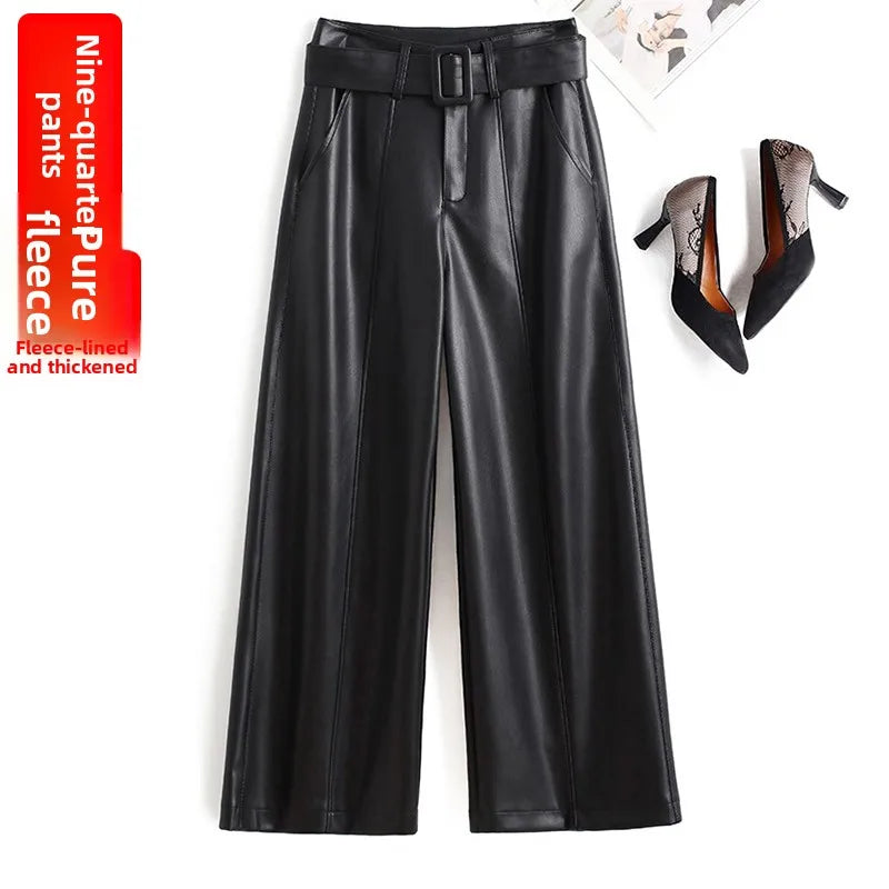 High Waist Wide Leg Pants Women's Real Leather Fleece Lined Casual Straight Leg Trousers Winter Fashion Commute Style