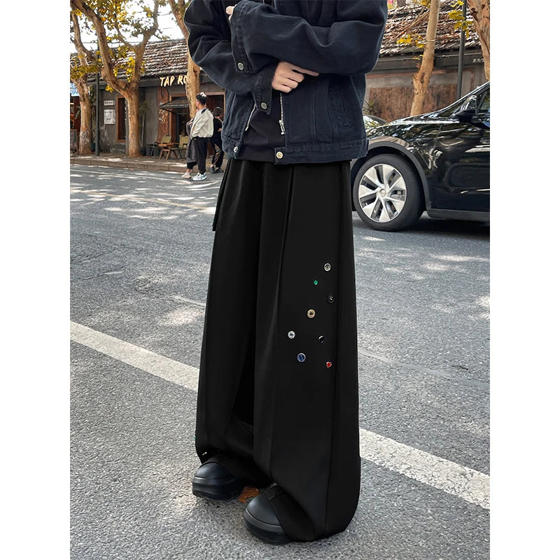Wide Leg Trousers with Button Detail Vertical Cool Drag Baggy Pants Monochrome Hip Hop Streetwear American Style Plus XXXXXL