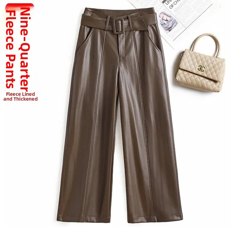 High Waist Wide Leg Pants Women's Real Leather Fleece Lined Casual Straight Leg Trousers Winter Fashion Commute Style