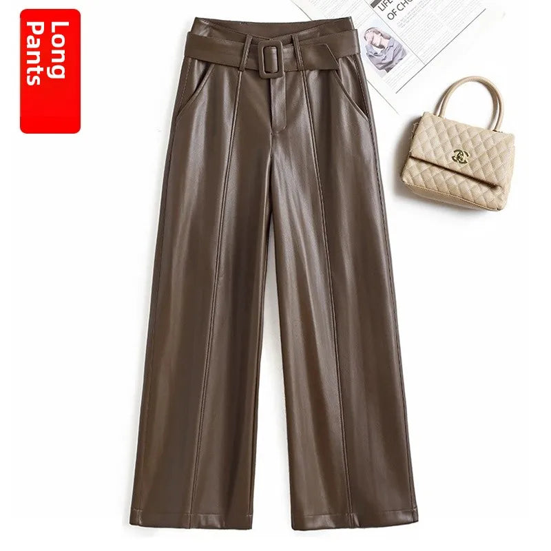 High Waist Wide Leg Pants Women's Real Leather Fleece Lined Casual Straight Leg Trousers Winter Fashion Commute Style