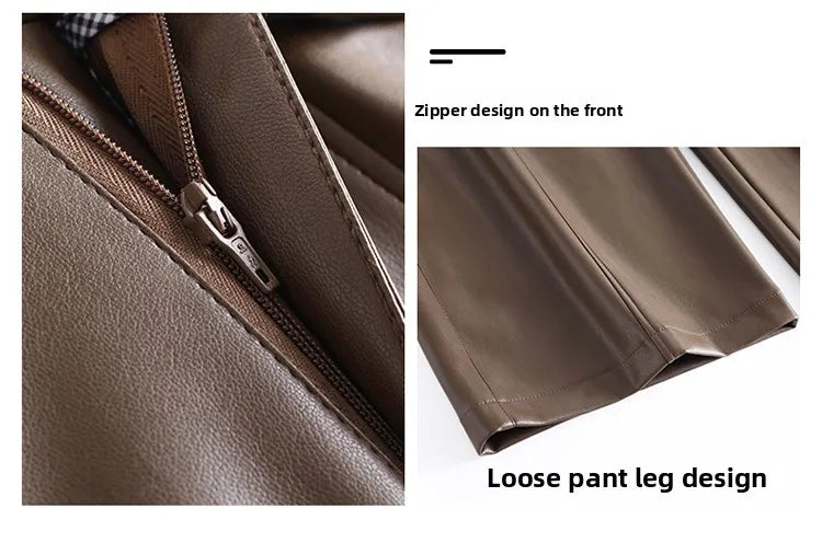 High Waist Wide Leg Pants Women's Real Leather Fleece Lined Casual Straight Leg Trousers Winter Fashion Commute Style