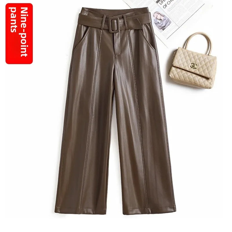High Waist Wide Leg Pants Women's Real Leather Fleece Lined Casual Straight Leg Trousers Winter Fashion Commute Style