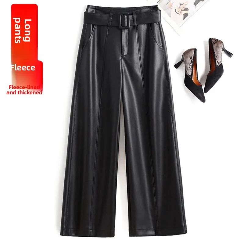 High Waist Wide Leg Pants Women's Real Leather Fleece Lined Casual Straight Leg Trousers Winter Fashion Commute Style